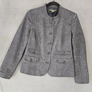 Eddie Bauer Women's Size 10 Wool Blend Tweed Houndstooth Gray Blazer Jacket